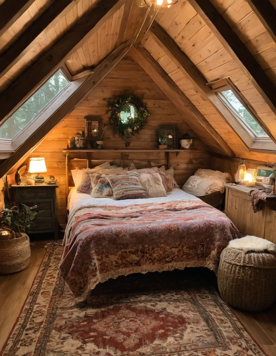 bedroom with a bed and a rug in a small room, cozy room, cozy treehouse bedroom, small bedroom, cozy place, cozy bed, cottagecore hippie, thomas kinkade. cute cozy room, in an attic, cottagecore, cozy and peaceful atmosphere, pleasant cozy atmosphere, cottagecore!!, cabin in the woods