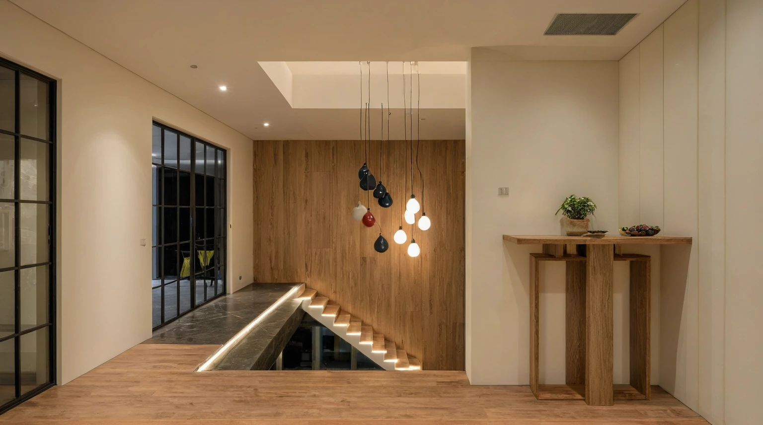 Raw photo, Masterpiece, high quality, best quality, authentic, super detail, interior, indoors, style modern, minimalist line, wooden, oak wood, led light, beige paint wall, sofa, daylight, atrium, LIVING ROOM, PEN HOUSE, kitchen, island kitchen, alu window, japan style, wasabi style, Jen style, steel stair, glass railing