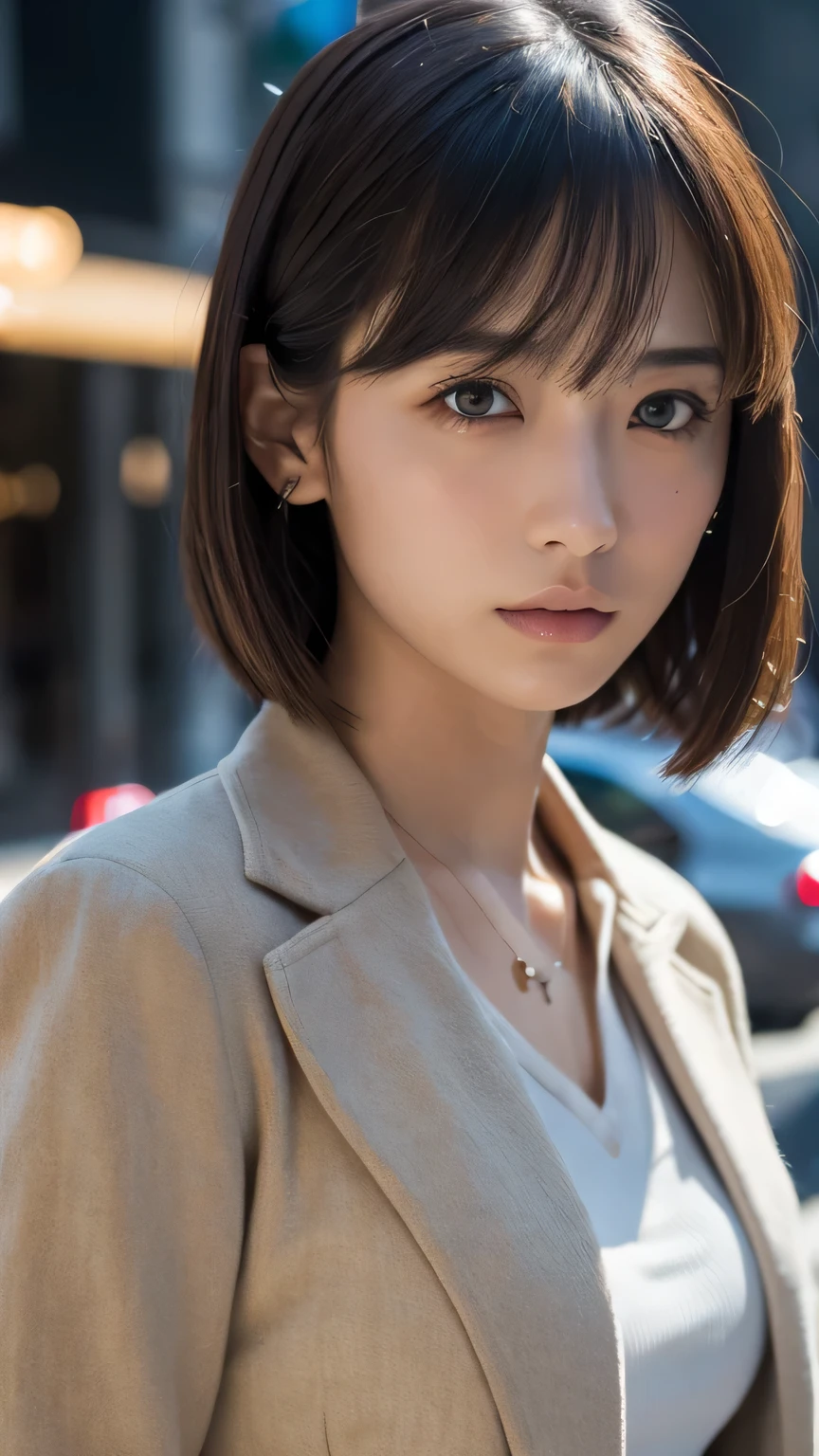 (Ultra-realistic), (figure), (High resolution), (8K), (Very detailed), (Best figure), (Beautiful and detailed), (Highest quality), (Super detailed), (masterpiece), (wallpaper), (Detailed face), alone, One Girl, watching viewer, Trendy clothes，Fine details, Detailed face, In the Dark, Deep Shadow, Modest, Pure Erotic Face Ace_v1, cool, short hair, Pointed diagonal bangs，Aoyama Street