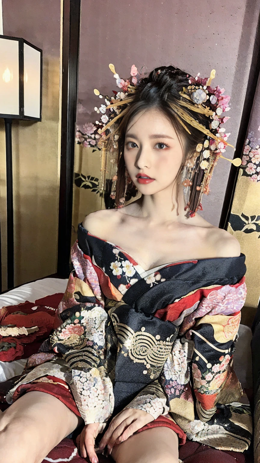 Updo, One Girl, so beautiful, very cute, Great face and eyes, (Big round eyes:1.15), Very calm look, (Very detailed美しい顔), (Courtesan style beautiful and Cute floral kimono:1.5), ( shoulders:1.3), (Highest quality:1.4), (Very detailed), (Ultra-realistic, Realistic:1.37), Beautiful white skin, High-definition CG synthesis 8K wallpaper, RAW Photos, Professional photography, Cinema Lighting, Sitting, Spread your , (Groin Groove, Private area:1.2), look at me, (Beautiful floral wallpaper), Bedroom, futon, pillow, dark Bedroom, Candlelight, Peaceful atmosphere, (Courtesan style:1.4),