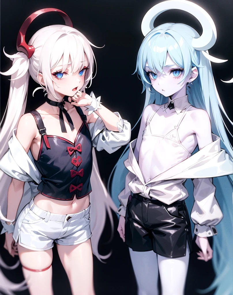 Little Vampire Boy and Femboy.

Her hair is white, blue eyes, Snow white skin, wear a loose white shirt, wears pastel blue mini shorts.

He is a boy with black horns on his head.. 