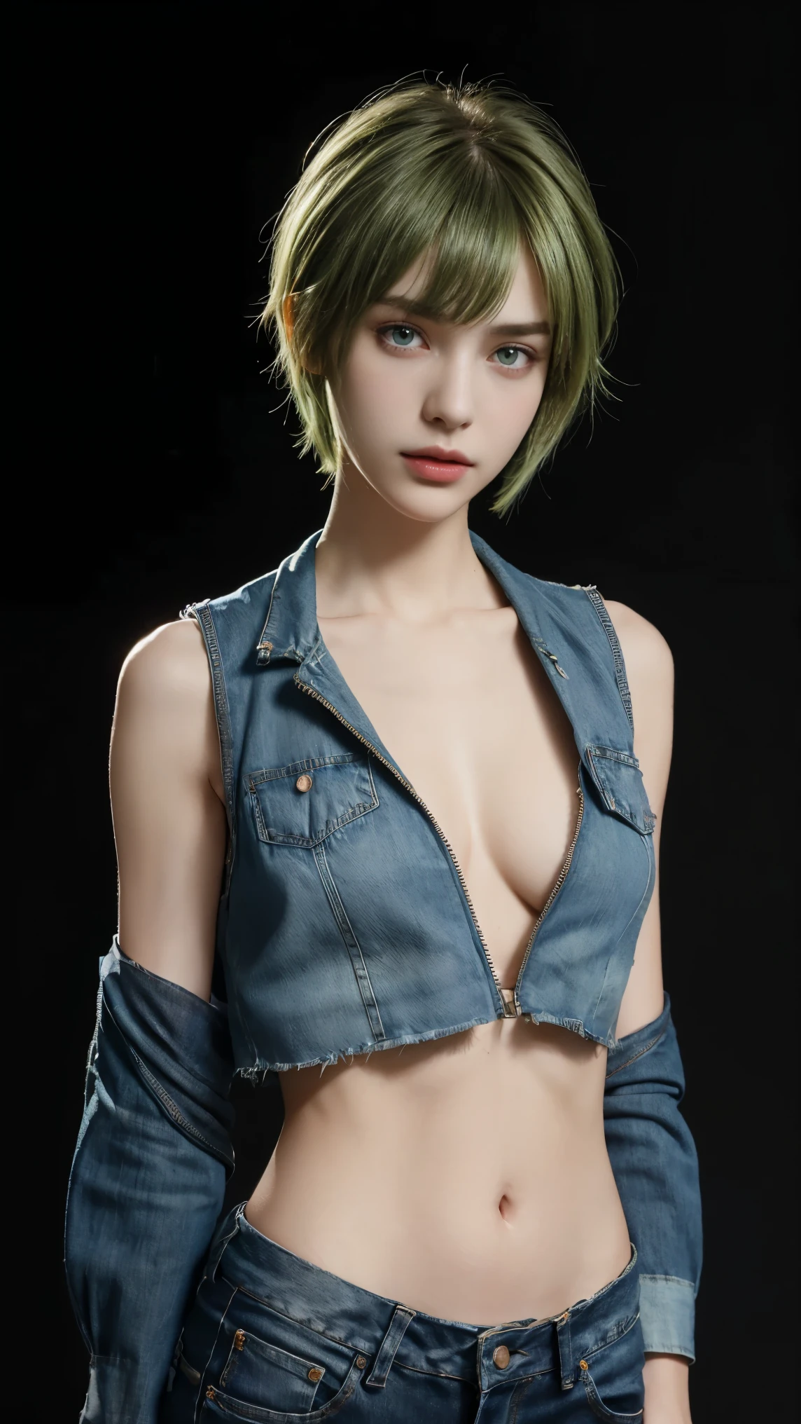8K, Top Quality, Intricate Details, Ultra Detail, Ultra High Resolution, Masterpiece, close up shot, (full body: 1.1), Slender, Smile, (Makeup: 0.4), ,((purple eyes, green hair, bangs, short hair, random short hairstyle)), (Fluffy Eyes: 1.21), (()), 1girl, solo, 1 girl, (()), close up shot, , ((tall)), (((fit body))), (((slim face))), sharp face, ((mini open vest, denim open vest, torn denim, open zip denim)) ,(detailed face), sharp face, small lips, , ,(( )) ,, ,
((,no bra, braless )), , (( )), detailed face, detailed breast, large breast ,huge breast, detail nipples ,, Narrow Waist, Skinny, tall , 190 cm tall, Muscular, Navel, Exposed Abdomen, Pointed Chest,, Beautiful girl with accentuated slender abs: 1.4, Six Pack Abs: 1.4, , Perfect Body, detail legs, (( dark background)), black background,
