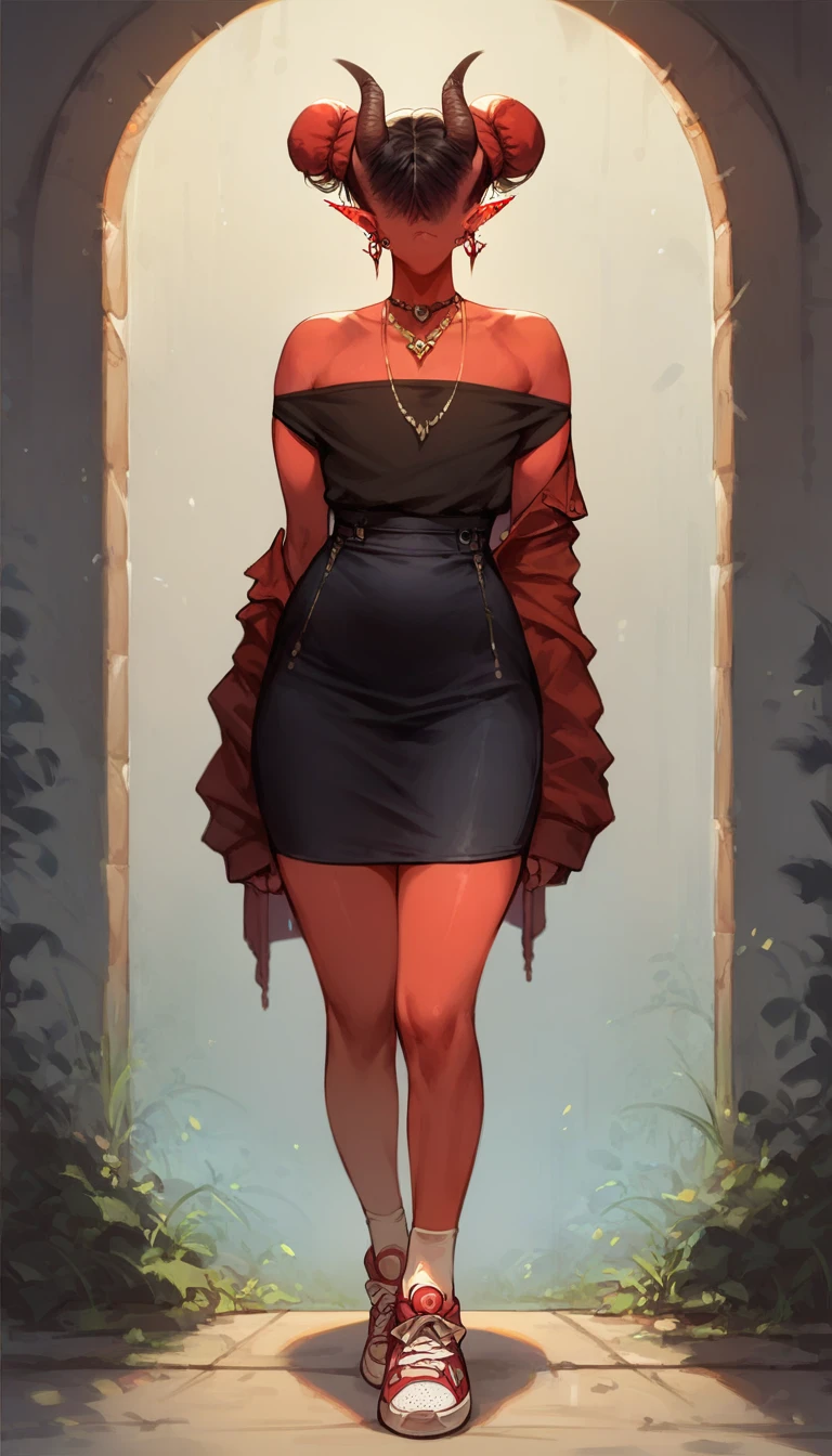 score_9, score_8_up, score_7_up, score_7, Expressiveh,best quality, masterpiece, ultra high resolution,
(demon boy:1.35), female, solo, jewelry, necklace, skirt, earrings, shoes, full_body, double_bun, sneakers, hair_bun, horns, ((hands_on_hips)), standing, dark_skin, dark-skinned_female, black_hair, socks, off_shoulder, strapless