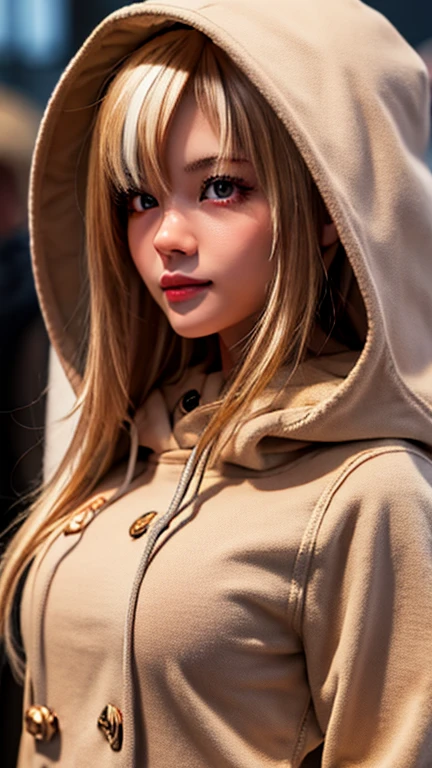 masterpiece, Facial details, Very detailed, 8K, , woman, Red Eyes, Beige duffel coat, joy, front, hood up,