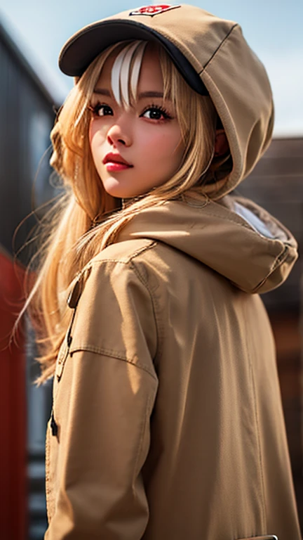 masterpiece, Facial details, Very detailed, 8K, , woman, Red Eyes, Beige duffel coat, joy, front, hood up,