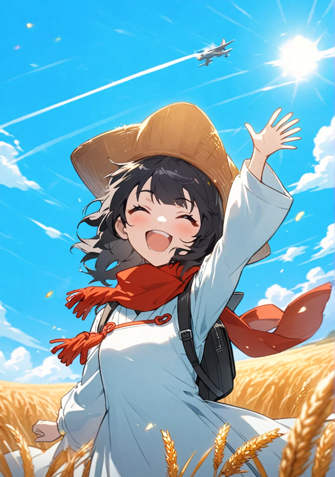 blue sky, wide field, the rising sun, Lots of clouds, Many fields and farm buildings, flying airplane, cartoon girl with a red scarf waving her hand, pose(holding a weapon + happy), [ digital art ]!!, she expresses joy, with holding a weapon, Cell Shading!!!, Cell Shading:15, Heavy gesture style close-up shots, waving and smiling, waving, in anime style, happy expression, in anime style, arknight style, exciting expression, excited expression, 1 woman, black hair, secret hair, hair that is red on the inside, white snow, 손을 흔들고 있는 pose, Asian face, light skin, solid color dress, whole body, low-angle shot, Wheat hat, backpack,