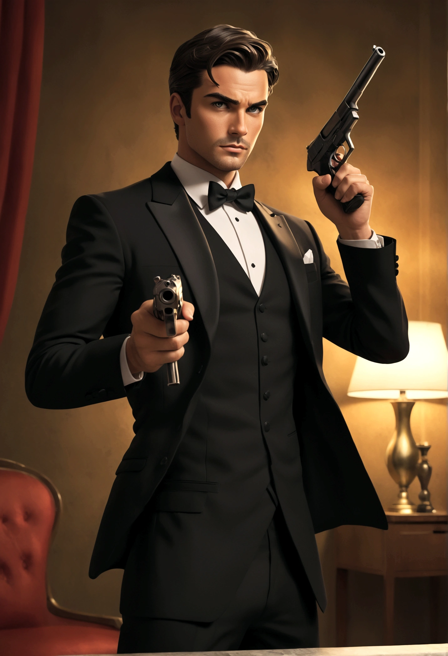 Fox Comedy Character Archer (secret agent in a tuxedo, drunk, brash, handsome, carelessly wielding a pistol), striking an almost dashing pose. 'ARCHER' written in the background
