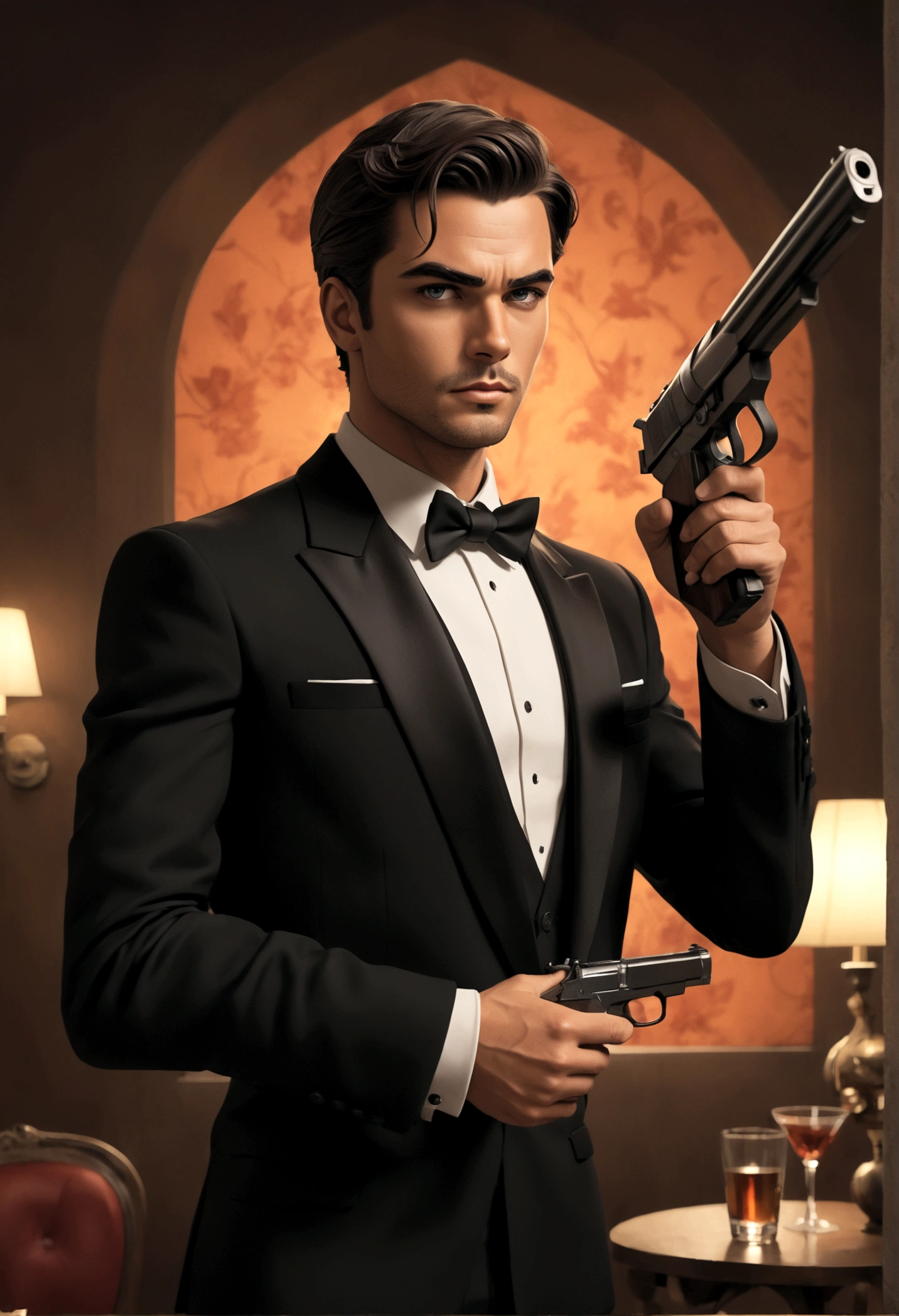 Fox Comedy Character Archer (secret agent in a tuxedo, drunk, brash, handsome, carelessly wielding a pistol), striking an almost dashing pose. 'ARCHER' written in the background
