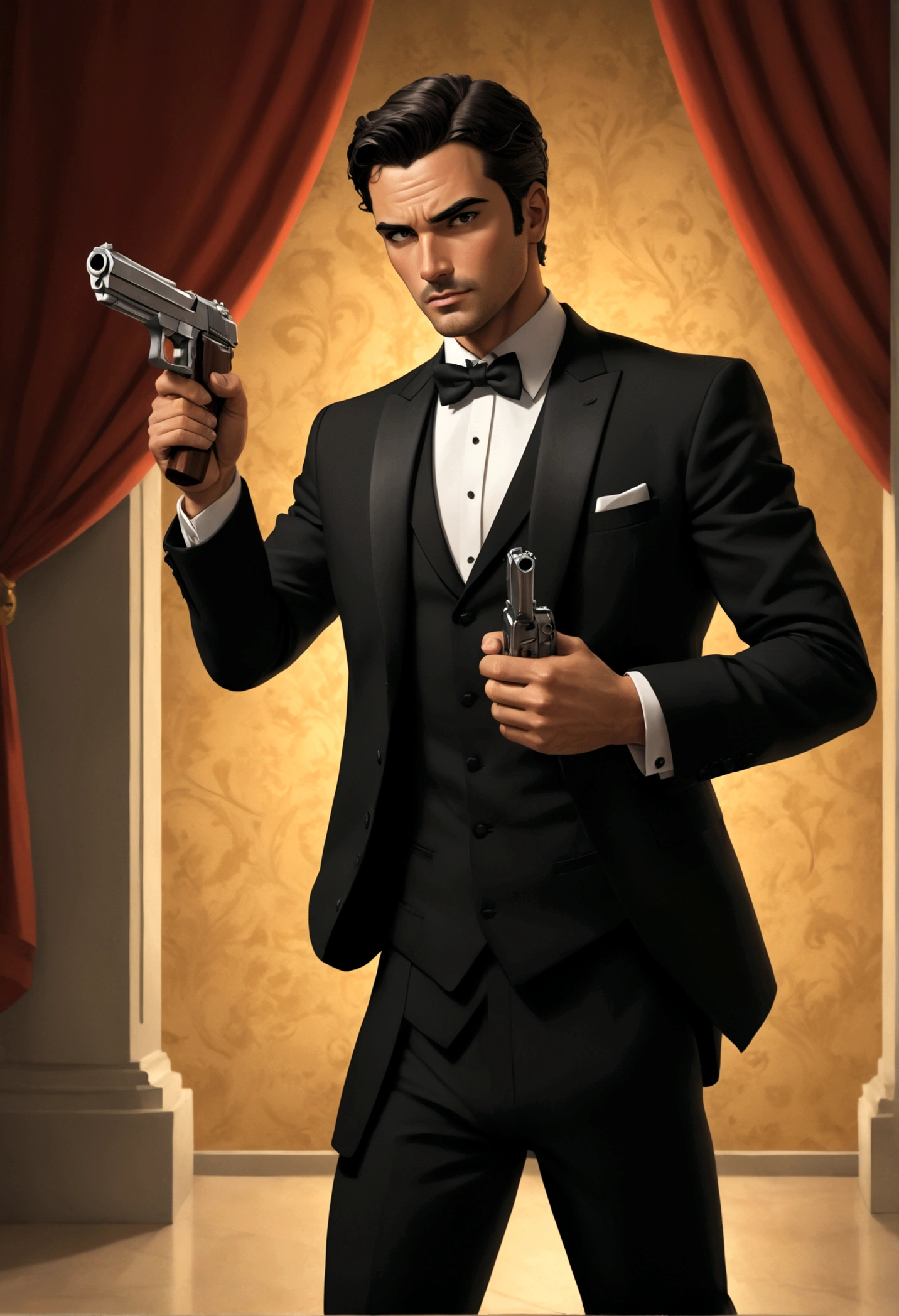 Fox Comedy Character Archer (secret agent in a tuxedo, drunk, brash, handsome, carelessly wielding a pistol), striking an almost dashing pose. 'ARCHER' written in the background
