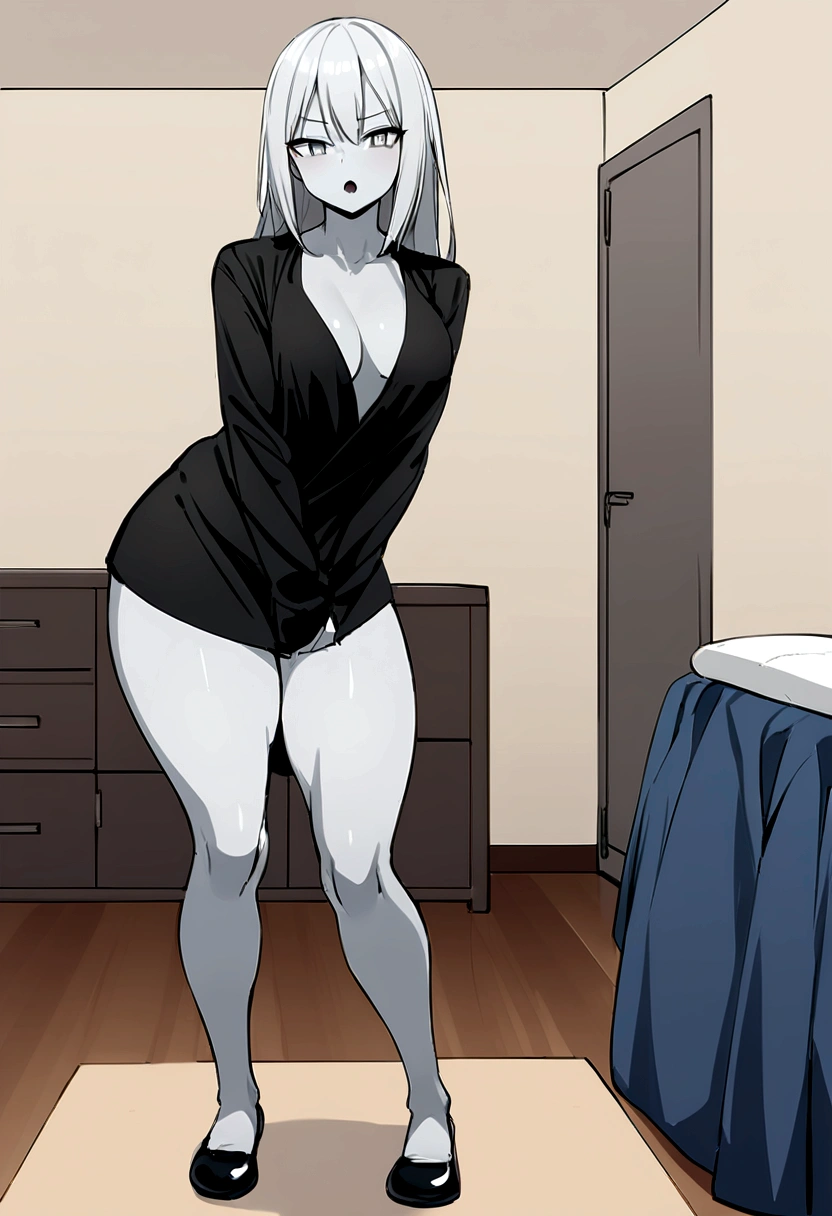 Girl 1,70 long light gray hair gray skin shark teeth and gray eyes and light gray pupils legs and thighs very very thick and strong but no breasts posing to see her clothes seen from behind in her room she is dressed in a black jacket with a black shirt and a shotr short made of jean put emphasis on the shotr