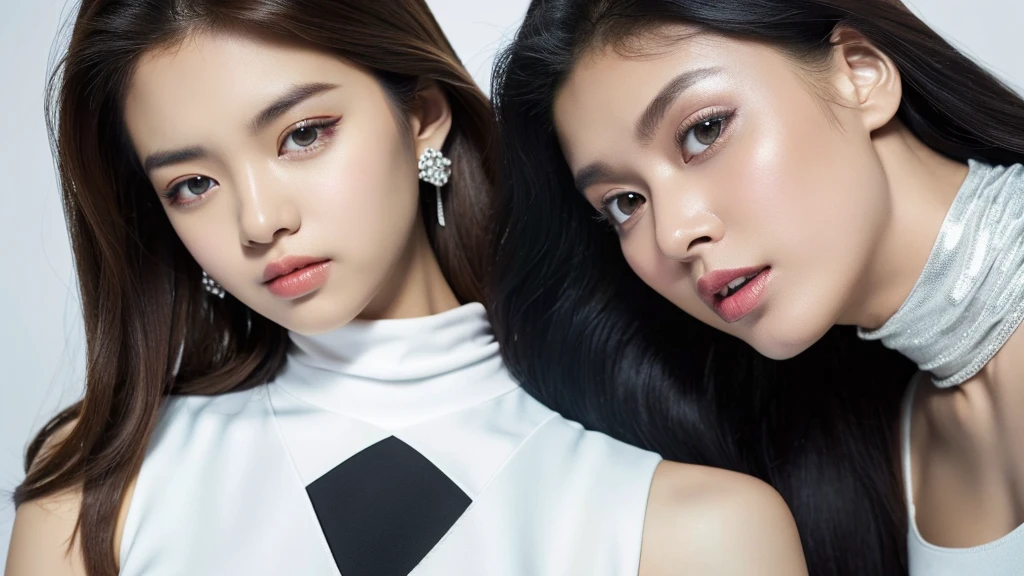 ((Silver jewelry)),(detailed face),VIVID,pretty,sleeveless and turtle neck white clothes,4k ,super high resolution ,(photo-realistic: 1.7), white background,black long hair,
