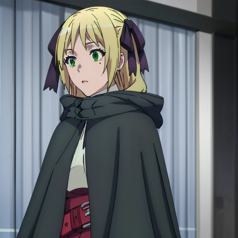 Solo, 1girl, esther rosenthal, long hair, blonde hair, (green eyes:1.5), mole, mole under eye, black ribbon, black bow, hair ribbon, skirt, black cloak, cape, best quality