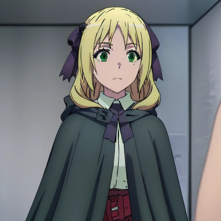 Solo, 1girl, esther rosenthal, long hair, blonde hair, (green eyes:1.5), mole, mole under eye, black ribbon, black bow, hair ribbon, skirt, black cloak, cape, best quality 