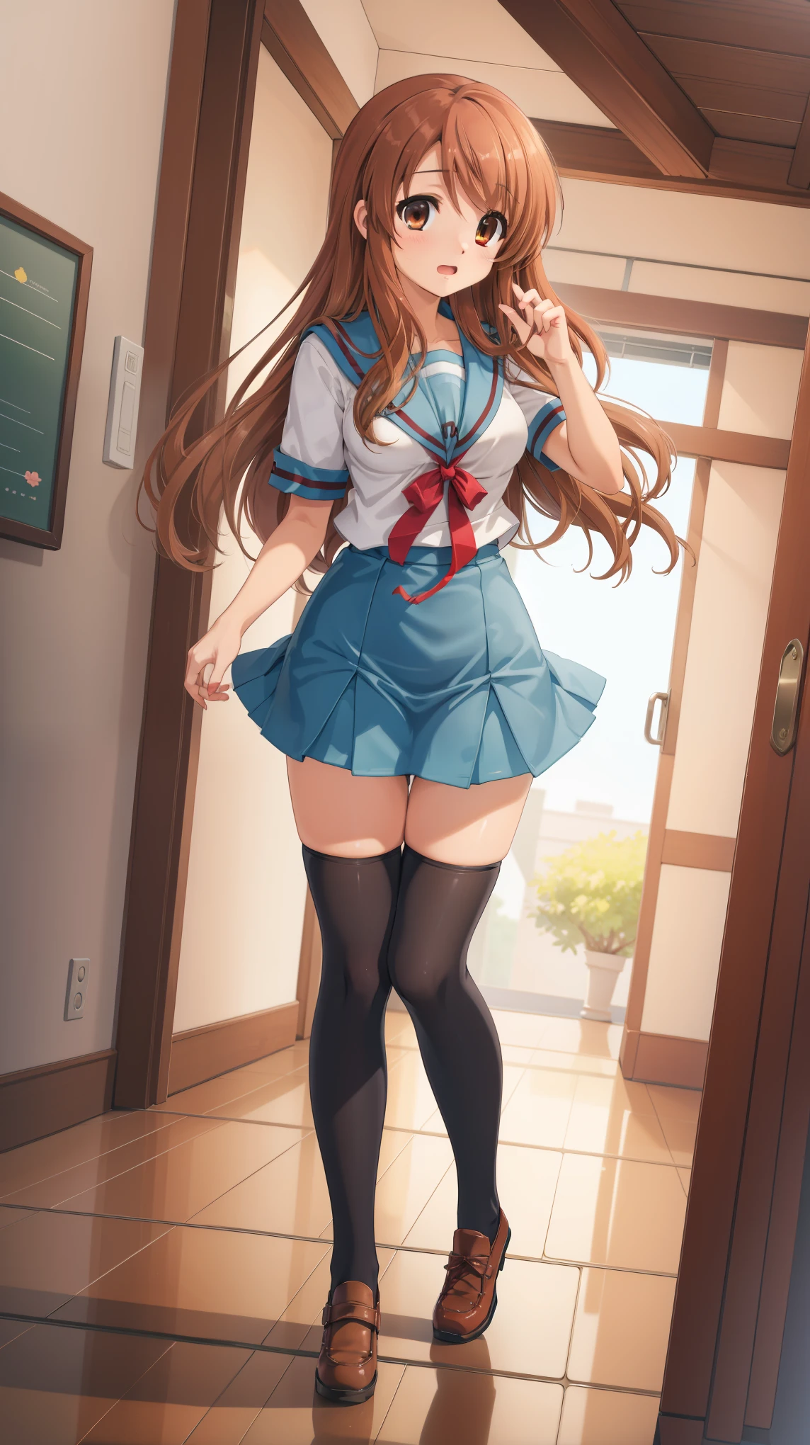 (masterpiece), highest quality, high resolution, illustration, game cg, asahina mikuru, detailed eyes, perfect face, serafuku, pleated miniskirt, thigh highs, school, hallway