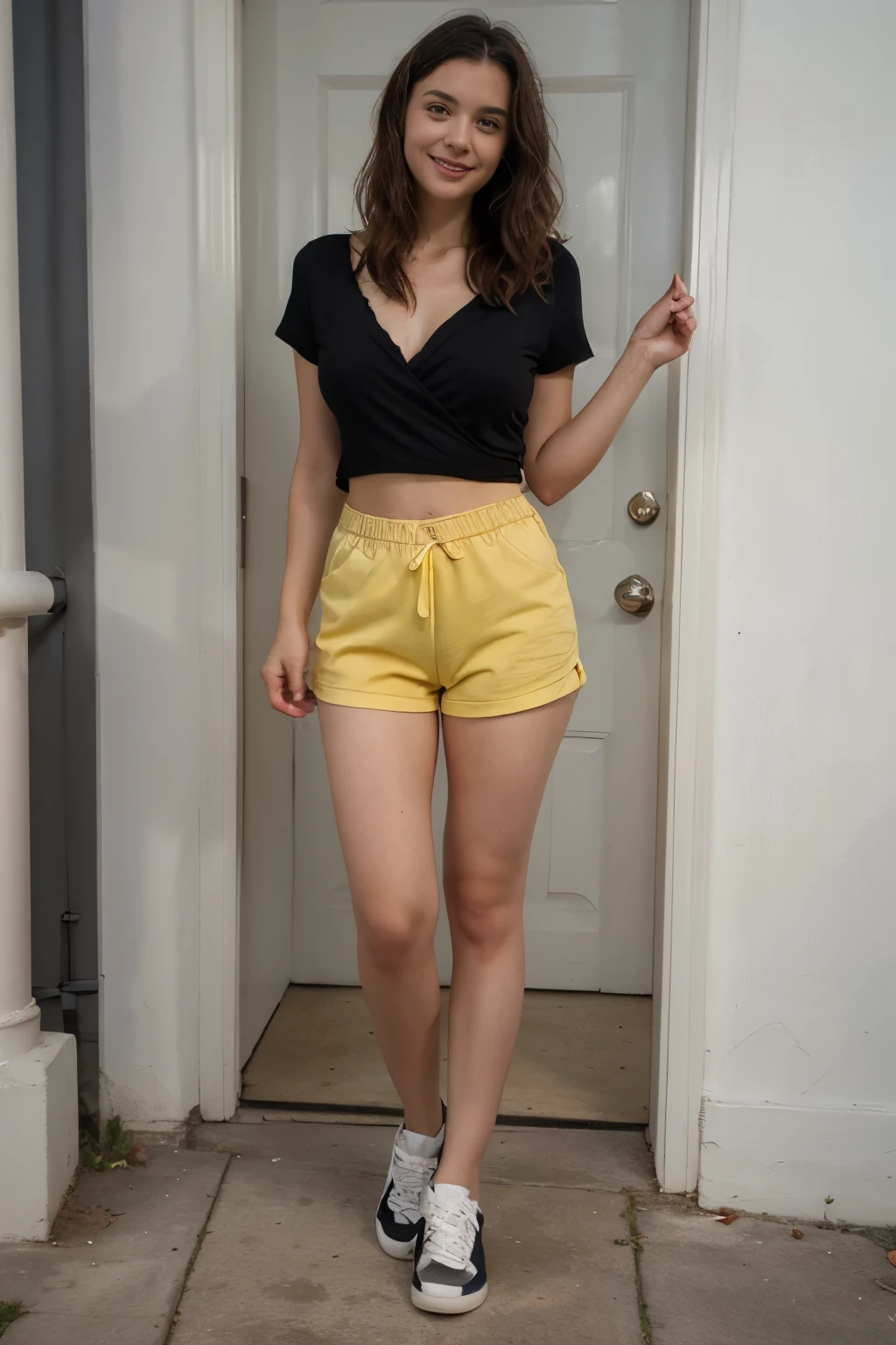 Beautiful 26 years old woman, 170cm high, 60 kg weight, white skin, long curly dark hair, green eyes, wearing black undersized shirt, yellow shorts, black sneakers, looking to somewhere else, (((street))), close to the door, cute smile, natural morning light, realistic portrait, highly detailed, analog style, deep cleavage, breast, nipple, (((full body))),