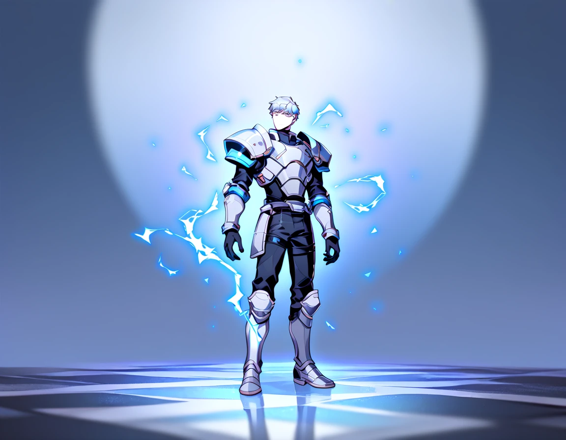 1 person wearing full body armor , focus man , Silver armor , electricity , look elsewhere, The best aesthetics , best quality, Amazing quality, The best aesthetics, nonsense, gloomy
 