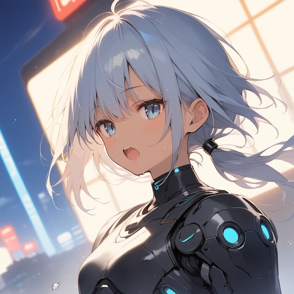 score_9, score_8_up, score_7_up, source_anime, best quality, masterpiece, official art, absurdres, highres, ultra-detailed,waifu2x,Collection: Slice of Life,break,1girl, azure eyes, cyborg girl, crop top cyborg armor, futuristic tech, tomboy, tanned-skinned female, short hair, low ponytail, flat chest, beautiful detailed eyes, sweat, open mouth, (yawn:0.3), sleepily, standing, futuristic city, night, wind, break,(clear line illustration:1.2),very high resolution, very aesthetic, super detailed skin, Best sexual lighting powered by famous artist, 8k,cute picture,beauty illustration,photoshop_(medium),,(Detailed Lighting),best anime 8k konachan wallpaper, pixiv contest winner,