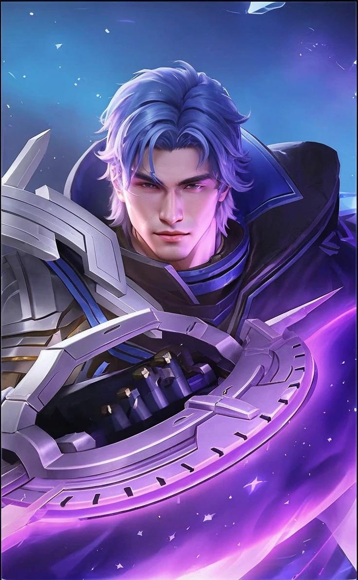 Realistic portrait of handsome Mobile Legends character with a strong jawline, proportional nose, captivating eyes, and smooth, glowing skin