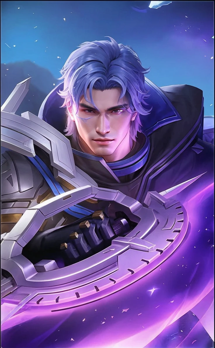 Realistic portrait of handsome Mobile Legends character with a strong jawline, proportional nose, captivating eyes, and smooth, glowing skin