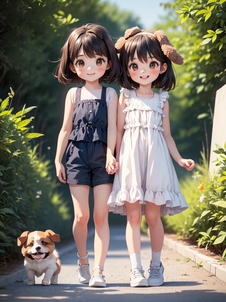 Two Girls、Very close sisters、Walk hand in hand、Having fun and being excited、Both of them are skipping、Happy smile、cute sleeveless shirts、Walking side by side with your dog、Nothing in my hands、Watching the audience、((Quadrupedal dog))、(A dog as tall as its sisters:1.5)、Bushy-haired dog、A friendly dog with white fur、Samoyed、