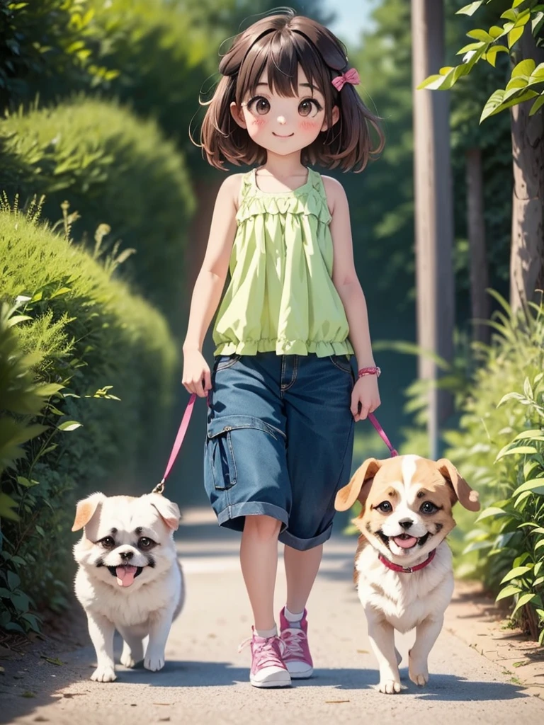 Two Girls、Very close sisters、Walk hand in hand、Having fun and being excited、Both of them are skipping、Happy smile、cute sleeveless shirts、Walking side by side with your dog、Nothing in my hands、Watching the audience、((Quadrupedal dog))、(A dog as tall as its sisters:1.5)、Bushy-haired dog、A friendly dog with white fur、Samoyed、