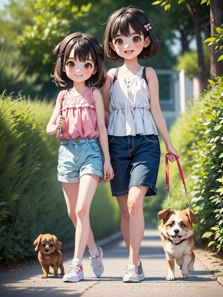 Two Girls、Very close sisters、Walk hand in hand、Having fun and being excited、Both of them are skipping、Happy smile、cute sleeveless shirts、Walking side by side with your dog、Nothing in my hands、Watching the audience、((Quadrupedal dog))、(A dog as tall as its sisters:1.5)、Bushy-haired dog、A friendly dog with white fur、Samoyed、