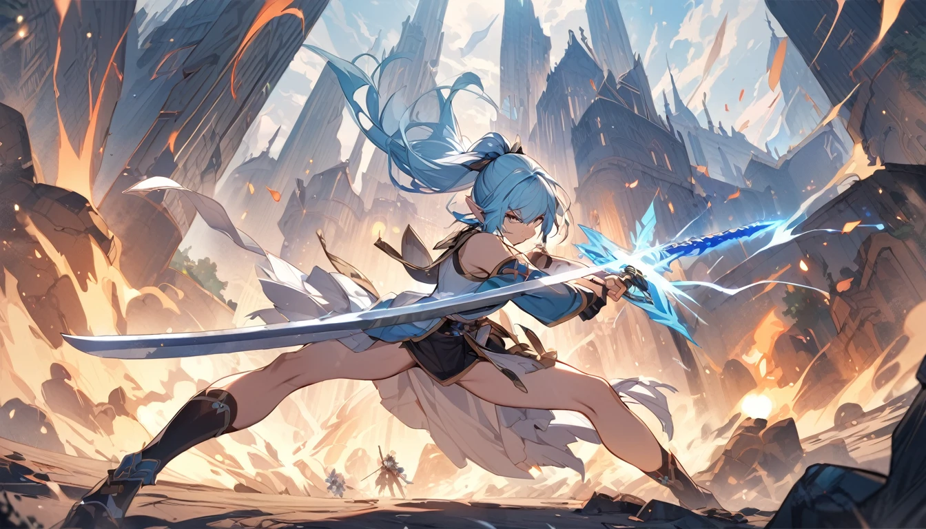 (Highest quality), Elf girl fighting with a big sword,Blue Hair,Different world