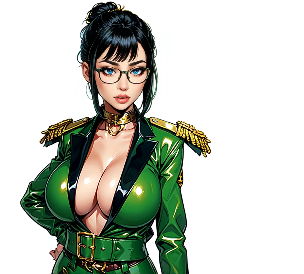 1asian porn actress milf,Dutt Haircut with bun, black hair, glasses, gold epaulet,belt,green general army officer, green latex blazer Uniform, green latex trousers,big , cleavage, black belt, standing