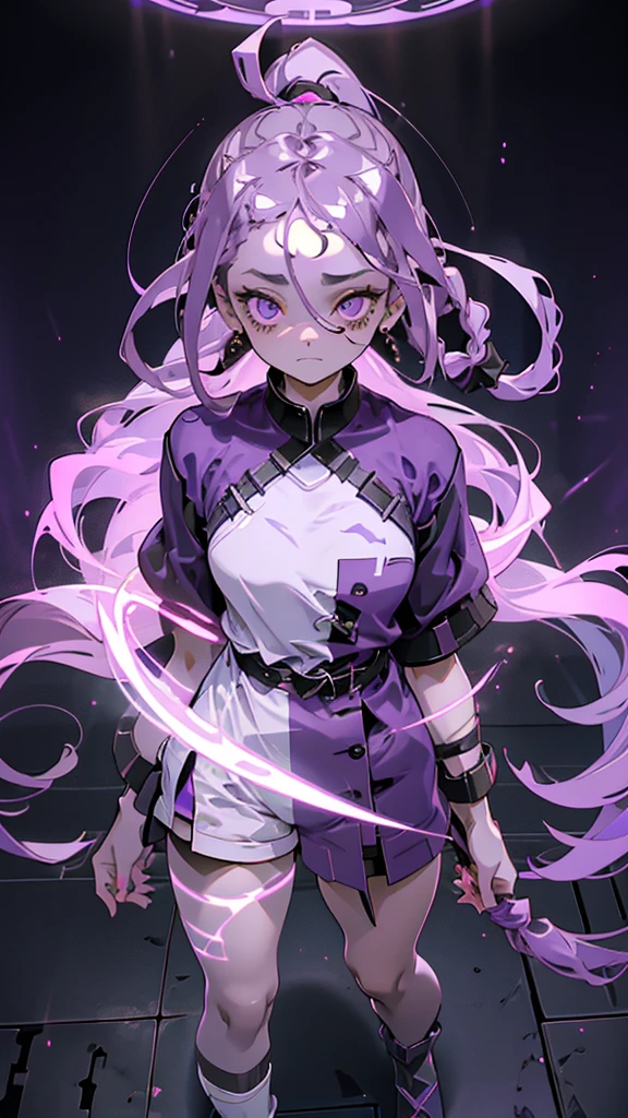 boy, thoughtful look, open forehead, dark purple hair braided into a ponytail on the left side. pale violet eyes, short dark purple shorts. Long white t-shirt. dark purple knee socks. dark purple robe with a pattern of gold circles and a white robe on the inside. dark corridor with stairs rays of light from above