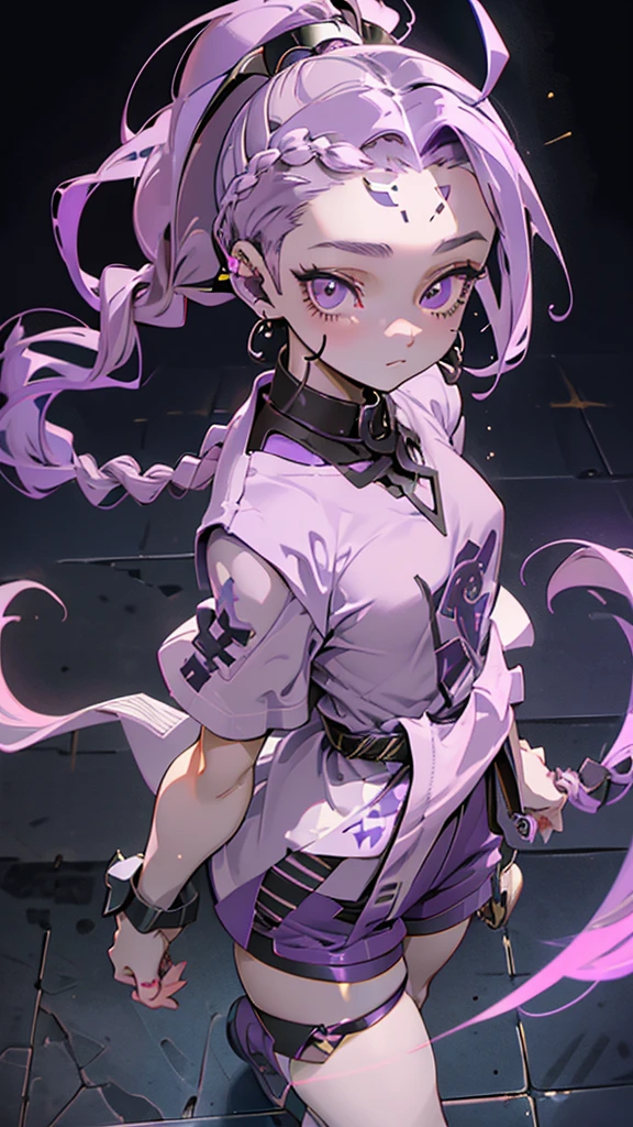 boy, thoughtful look, open forehead, dark purple hair braided into a ponytail on the left side. pale violet eyes, short dark purple shorts. Long white t-shirt. dark purple knee socks. dark purple robe with a pattern of gold circles and a white robe on the inside. dark corridor with stairs rays of light from above