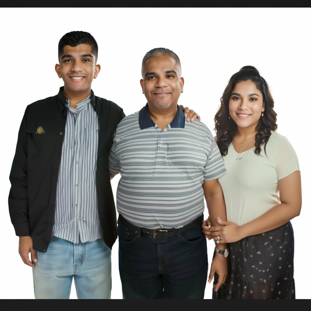 There are three Latin people standing next to each other posing for a photo., realistic photo, scanned photo, happy latin family, photo taken in 2 0 2 0, full body photography, realistic photo, retouched, husband wife and son, full body photography, 