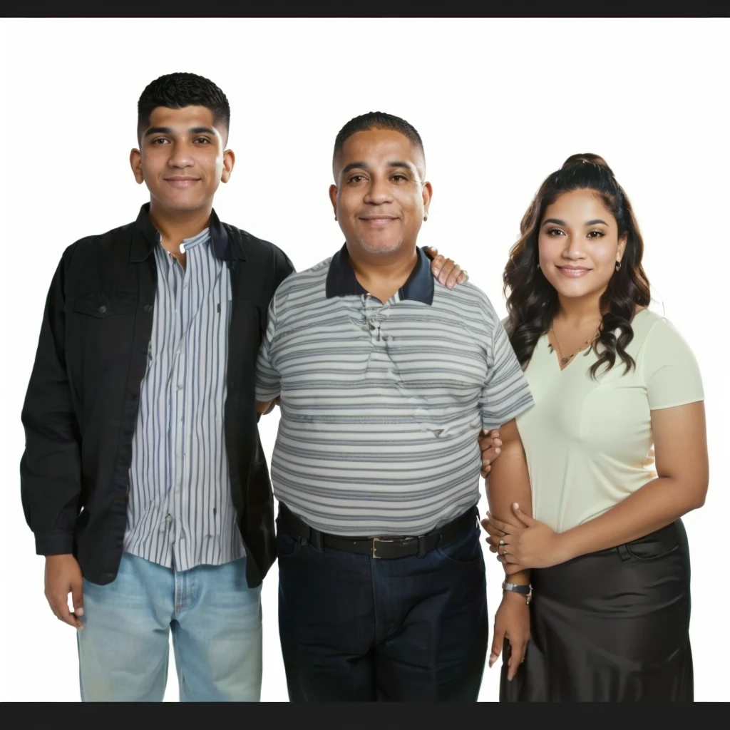 There are three Latin people standing next to each other posing for a photo., realistic photo, scanned photo, happy latin family, photo taken in 2 0 2 0, full body photography, realistic photo, retouched, husband wife and son, full body photography,