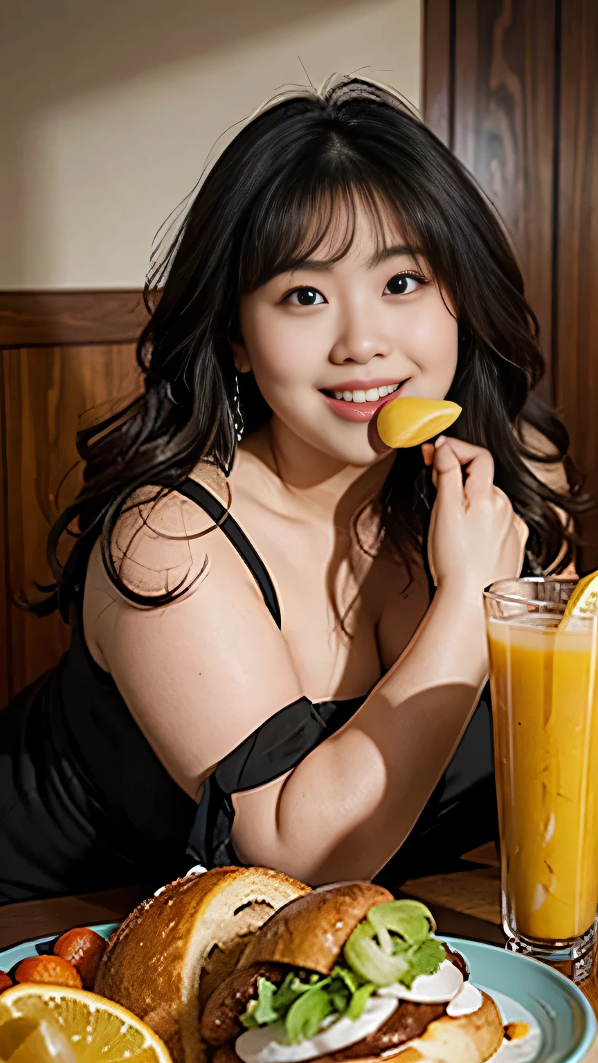 Fat Woman, Obese, Big Size, Round face, Double chin, Overweight,Shoulder-length fluffy hair , Eating deliciously,Looking at the camera,smile、