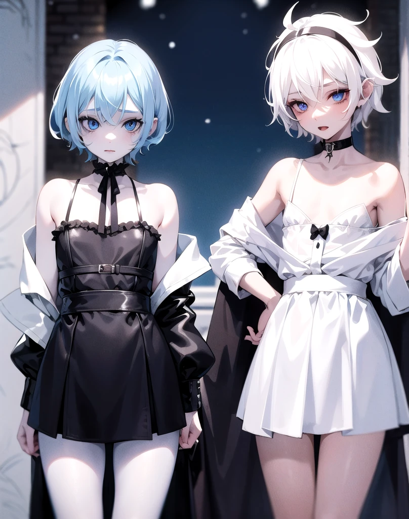 Vampire Boy and Femboy.
Her hair is white, blue eyes, Snow white skin, wear a loose white shirt, wears pastel blue mini shorts.
He is a boy with black horns on his head..