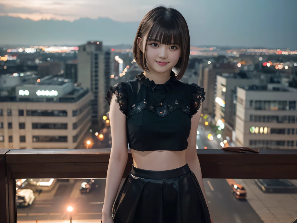(8K, RAW Photos:1.2), Detailed face and eyes,最high quality, Ultra-high resolution, Very detailed ,Intricate details ,Tabletop ,pretty girl ,Round eyes、 Soft cinematic light, Hyper Detail,Sharp focus, high quality, Brown Hair,((Bobcut))、(Straight bangs)、City of night、Night view、 ((Black Crop Top))、((Black tulle skirt))、”dwarf”、(Full Body Shot)、Waist、 can see your thighs)、Cowboy Shot、Smile、Floral clothes、Clothes with short sleeves、(Large Breasts)、