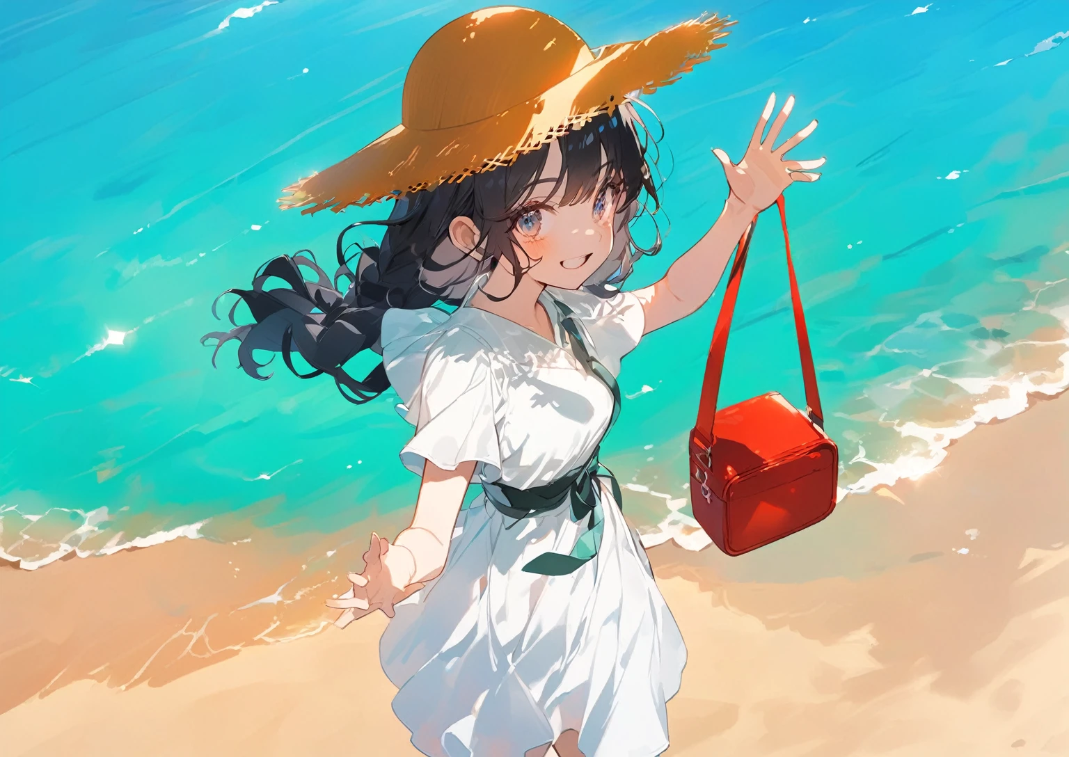 strong light, Sparkling emerald sea,Beach,1 woman, hand waving pose, straw hat, red bag in hand, black hair,light skin,