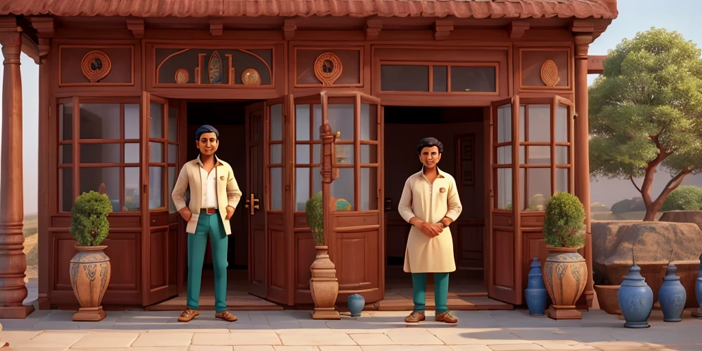 An exterior view of Sohan's large and attractive showroom in which Mohan is standing. There is an expression of surprise and happiness on Mohan's face.8k