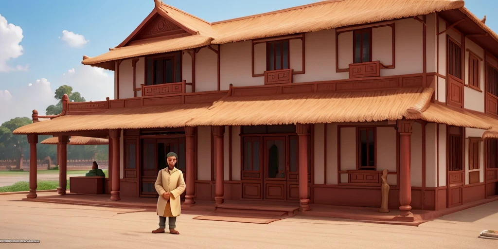 An exterior view of Sohan's large and attractive showroom in which Mohan is standing. There is an expression of surprise and happiness on Mohan's face.8k