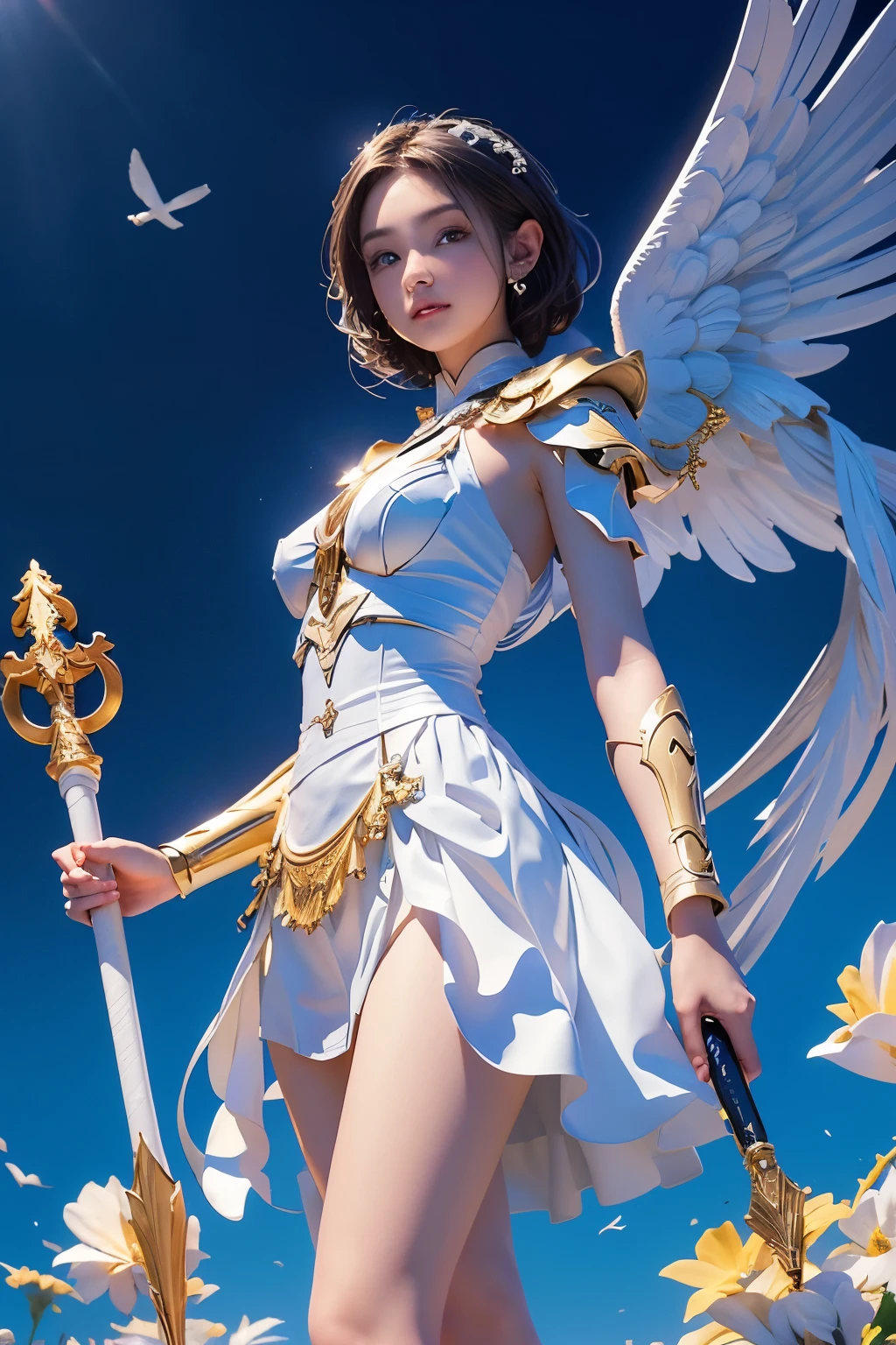 8K, masterpiece, ((angel of justice)),(Reflect the dizzying light on the blade), white feathers, Equipped with golden armor over a white dress,shining eyes,blue sky background, wrap skirt,
