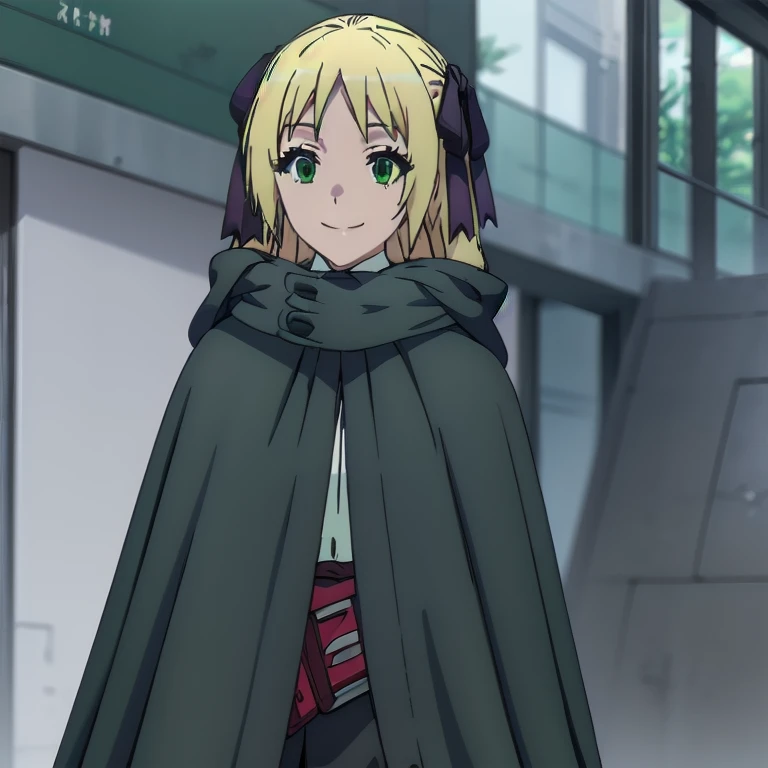 Solo, 1girl, esther rosenthal, smile, long hair, blonde hair, (green eyes:1.5), mole, mole under eye, black ribbon, black bow, hair ribbon, skirt, black cloak, cape, best quality, city 