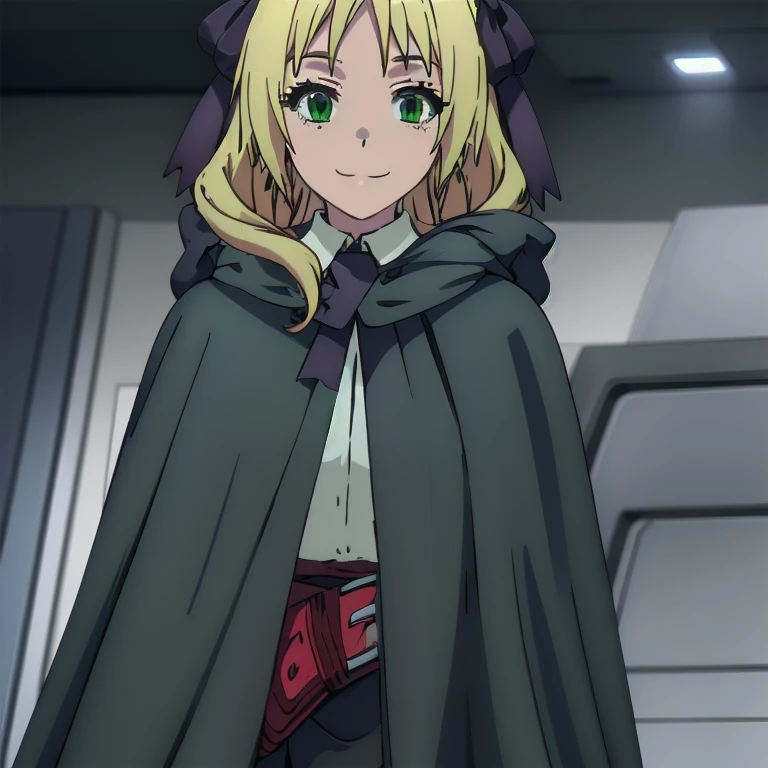Solo, 1girl, esther rosenthal, smile, long hair, blonde hair, (green eyes:1.5), mole, mole under eye, black ribbon, black bow, hair ribbon, skirt, black cloak, cape, best quality, city