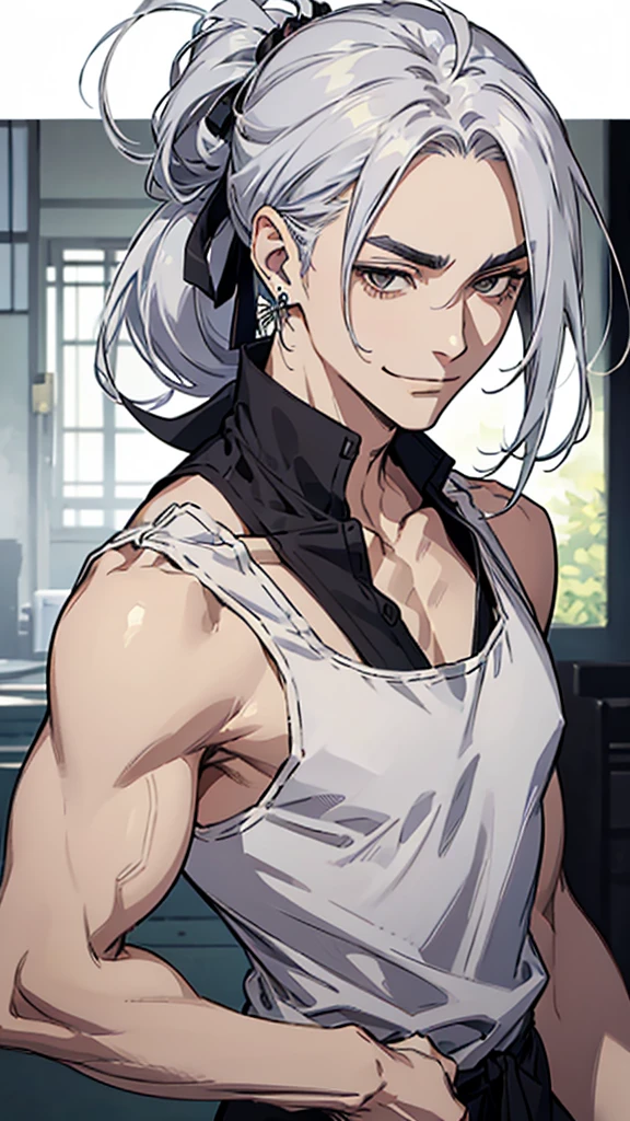 Man, Japanese, silver hair, cold expression, thin eyebrows, slanted eyes, gray eyes, long hair tied up, white tank top, black cardigan, yellow ring earrings, upper body, arms down, nasty smile