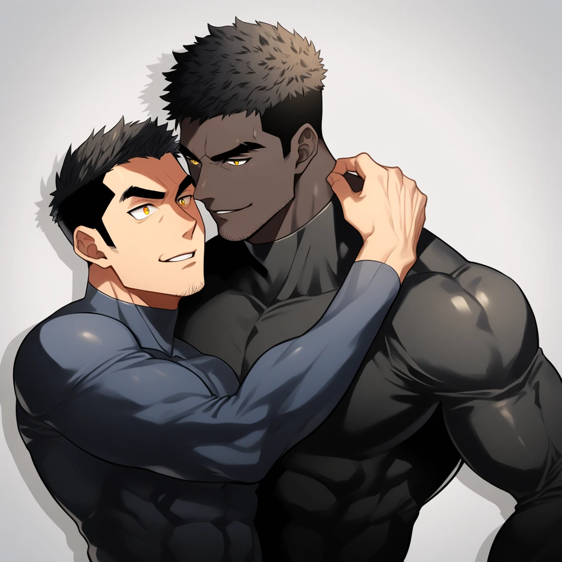 anime characters：Two superheroes in tights, Muscle superhero, negro black skin, They hugged and kissed each other, Bite your neck, Caress, Manliness, male focus, Yellow and black high collar long sleeve tight T-shirt, Slightly transparent material, Very tight, Round, full and perky chest muscles, Muscle waist, Slightly transparent, muscular male, muscular, only, Upper body, alone, Black short hair, Thick eyebrows, stubble, Yellow eyes, Grey background, simple background, amazing quality, best aesthetics, Ridiculous, bright pupils, crew cut, parted lips, seductive smile, torogao, naughty face, drop shadow, best quality