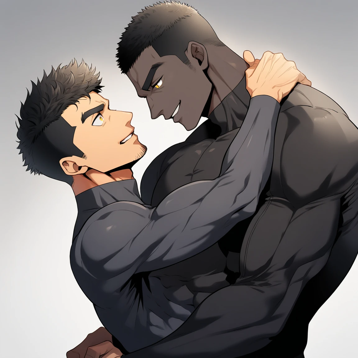 anime characters：Two superheroes in tights, Muscle superhero, negro black skin, They hugged and kissed each other, Bite your neck, Caress, Manliness, male focus, Yellow and black high collar long sleeve tight T-shirt, Slightly transparent material, Very tight, Round, full and perky chest muscles, Muscle waist, Slightly transparent, muscular male, muscular, only, Upper body, alone, Black short hair, Thick eyebrows, stubble, Yellow eyes, Grey background, simple background, amazing quality, best aesthetics, Ridiculous, bright pupils, crew cut, parted lips, seductive smile, torogao, naughty face, drop shadow, best quality