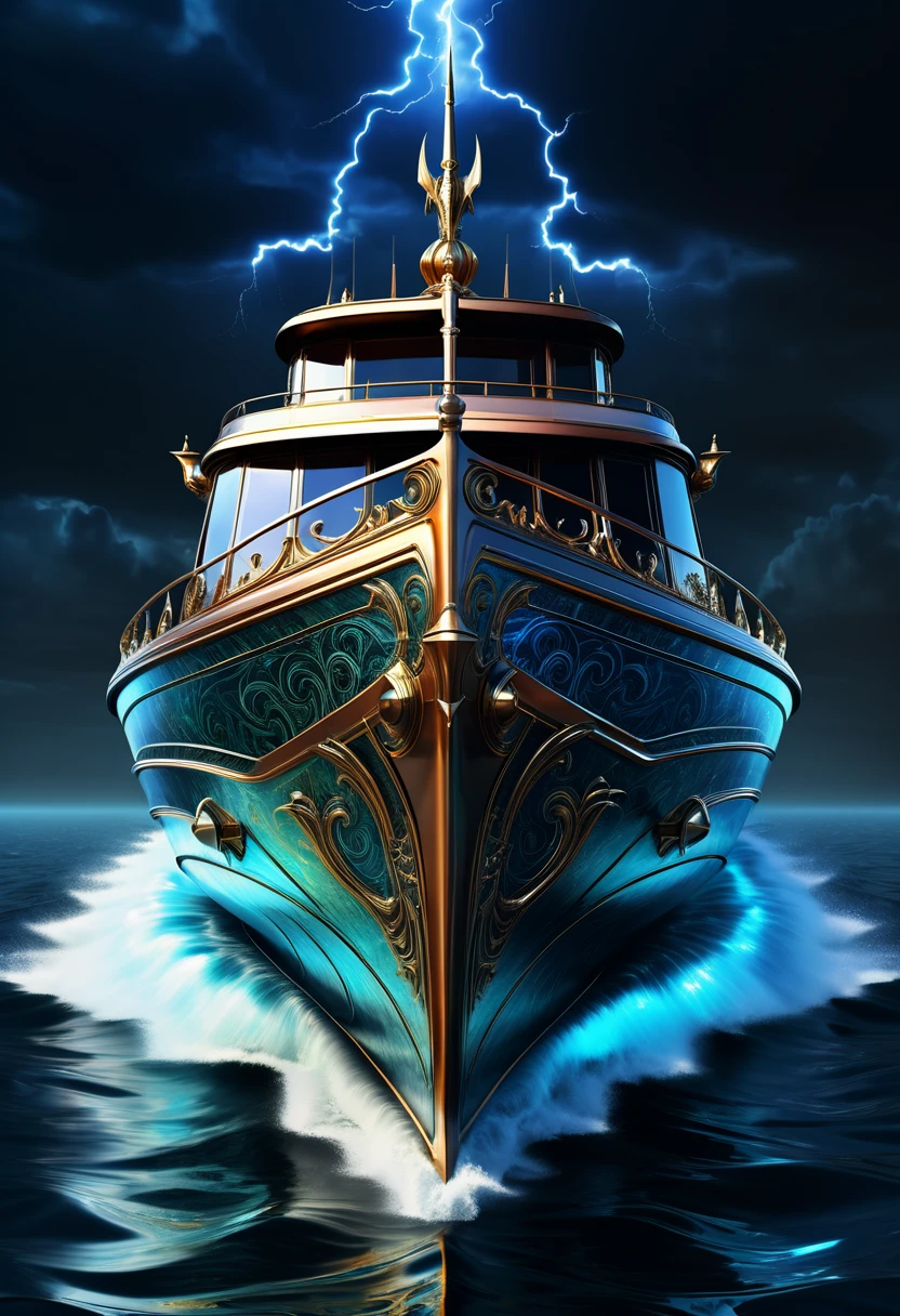 A high quality digital art of an electric boat in Renaissance style, spooky and metal art, 8k resolution, extremely detailed, inspired by Thierry Mugler.