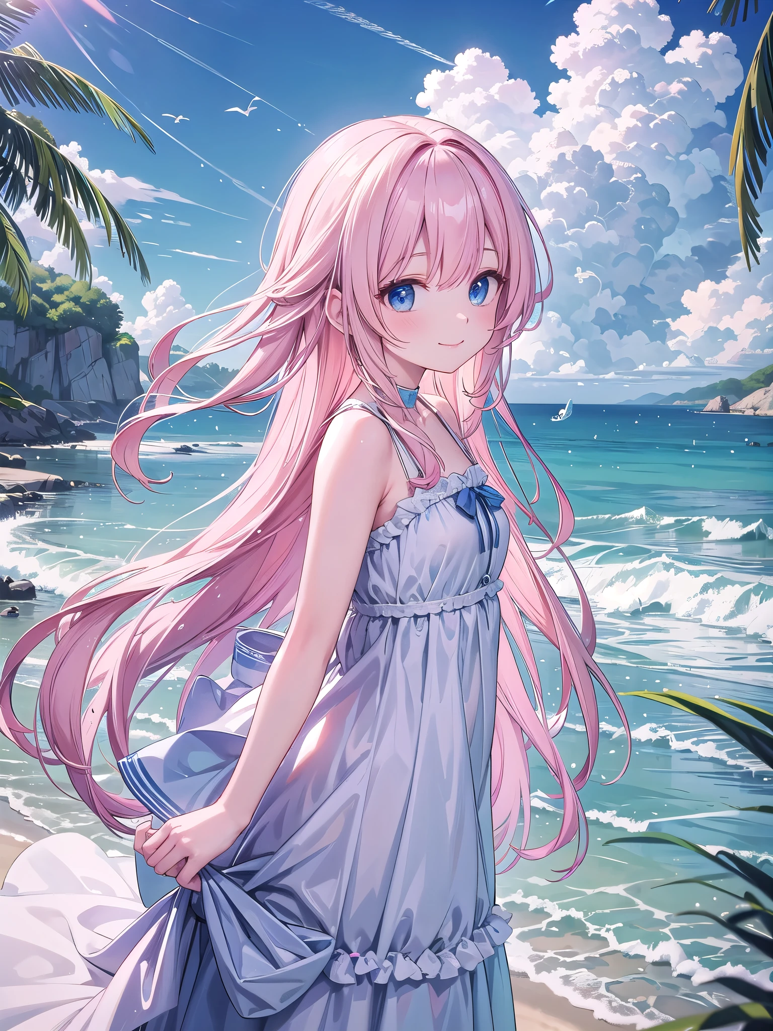 Delicate and beautiful CG art),(Highest quality, Very detailed, High resolution),(Dynamic Angle, Dynamic Lighting),(One character),(Long pink and blonde hair), blue eyes, Beautiful Face), 1 Girl, (Long sideburns, plant, smile, Blue long dress, 3d, Ocean, water, Beach ball, shell, sunny, the wind is strong