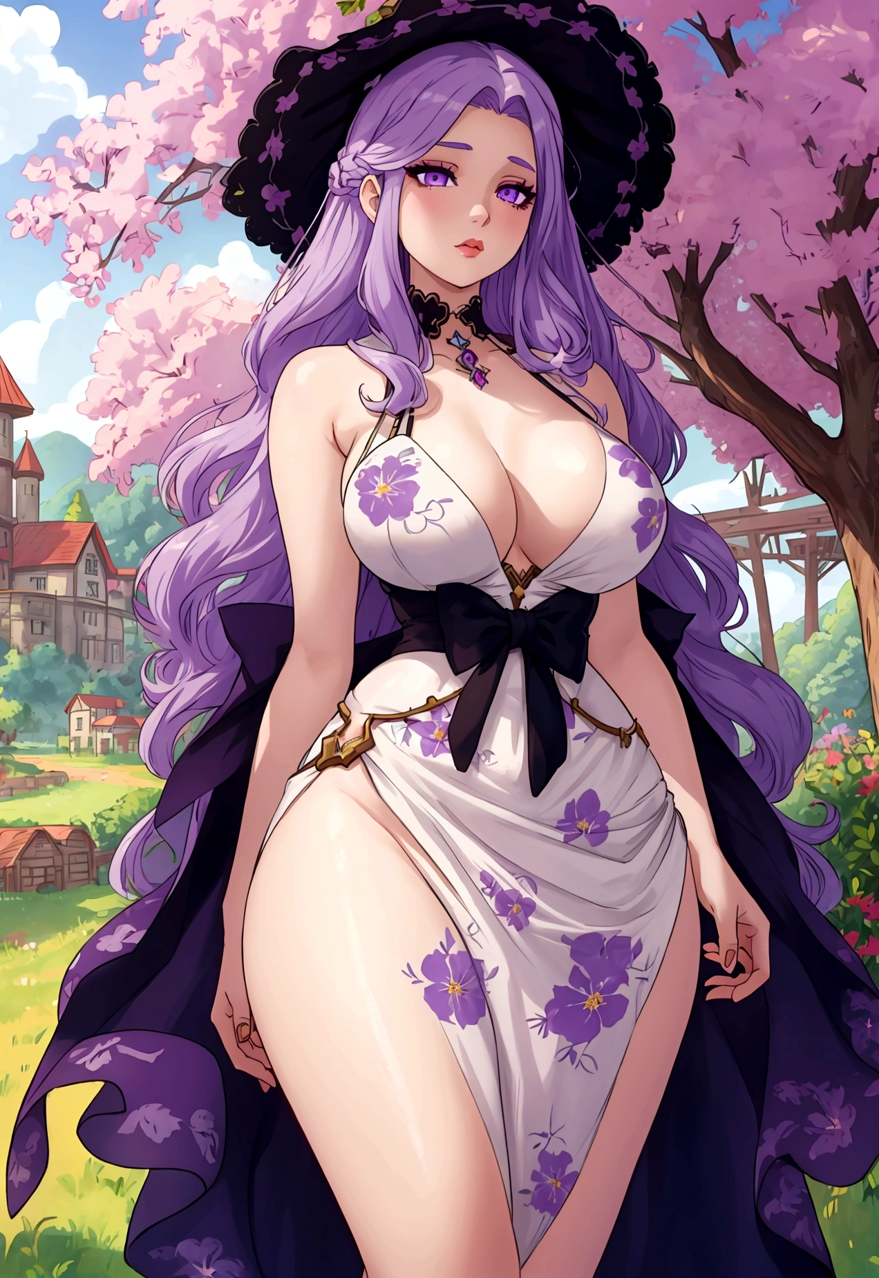 A woman with very long straight light purple hair, beautiful light purple eyes, White skin, , thin waist, big , granary,  vintage floral dress, under a tree, stardew valley style 