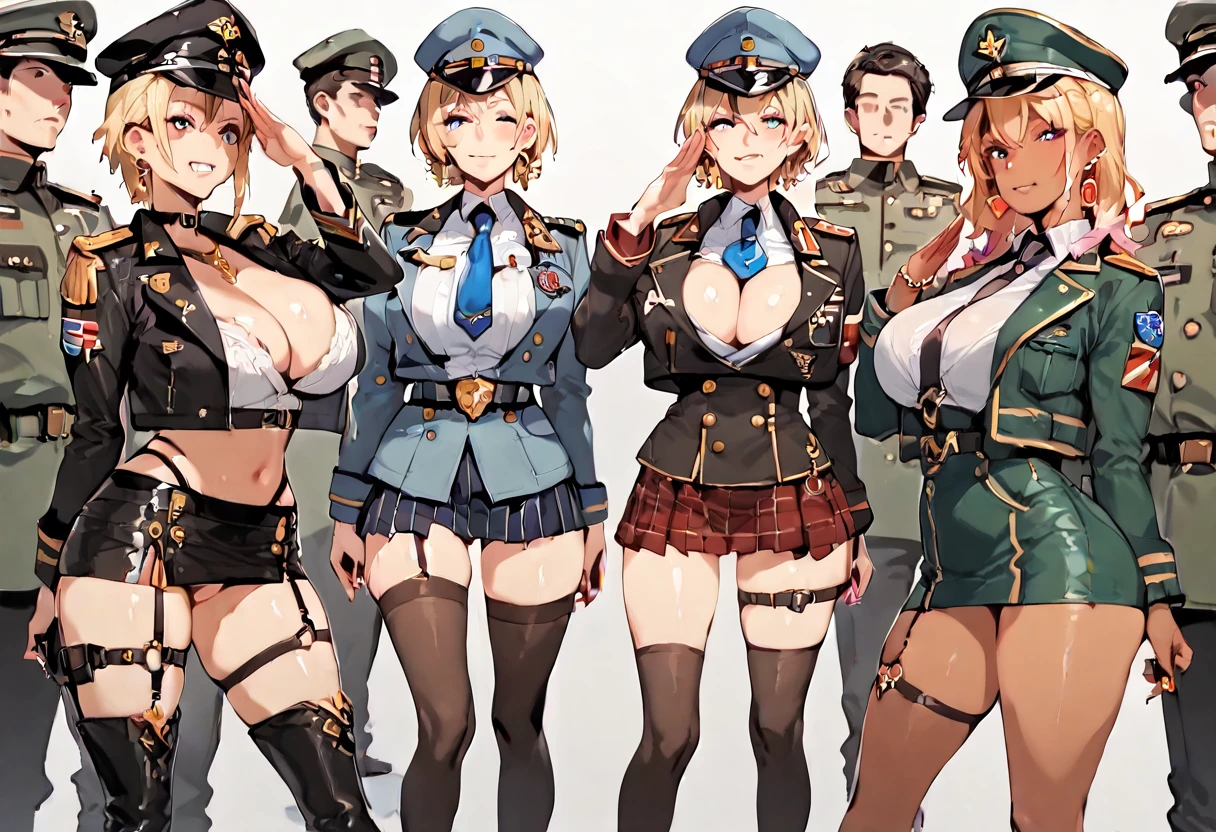 Score_9, score_8_up, score_7_up, score_6_up, source_anime, gyaru, slutty_clothes, expressiveh, multiple girls, group picture, 3girls, standing, (salute), gold earrings, large breasts, jewelry, military cap, (military uniform), (epaulette), jacket, harness, thigh strap, black thigh boots, (layered skirt), miniskirt, 