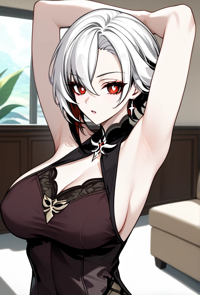 arlecchino, genshin impact, mature woman, mature face, hot face, emotionless face, (red pupils), sharp eyes, (cool beauty), white hair, mature body, dominant, living room, raising arms, hands behind head, armpits exposed