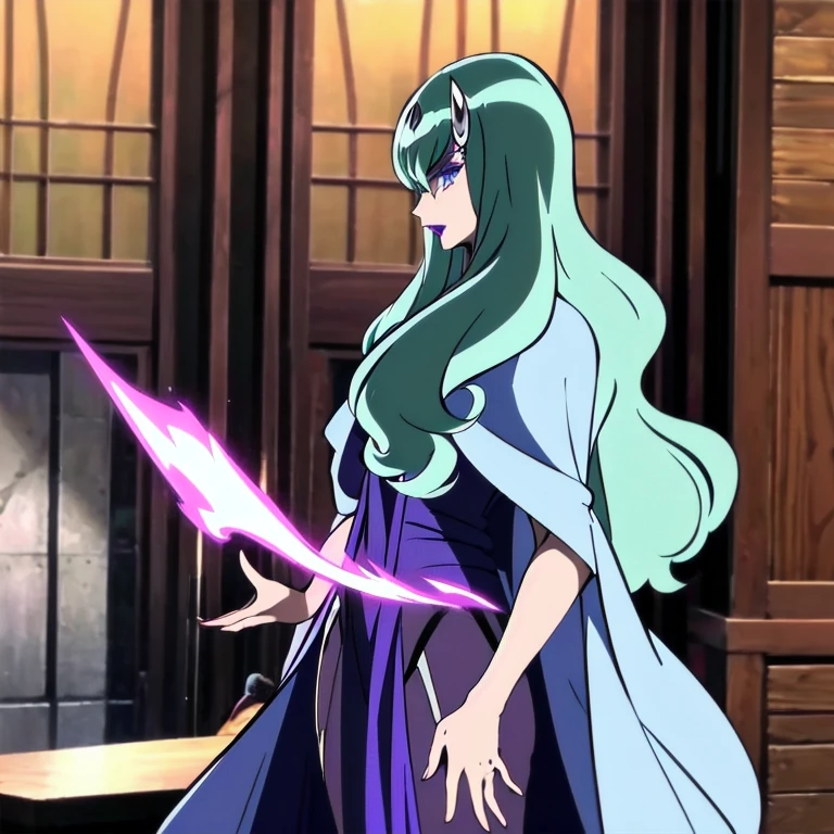 Solo, 1female, medea, saint seiya, long hair, green hair, dark lipstick, blue eyes, makeup, cape, violet dress, long skirt, best quality, masterpiece, room